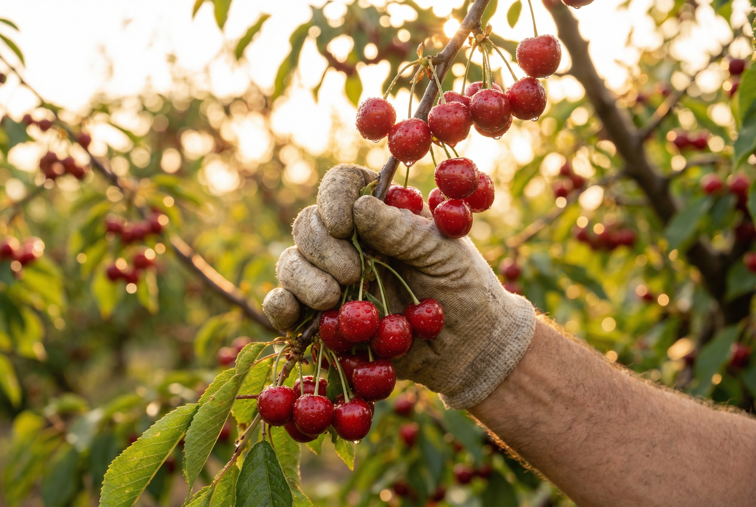 Coordinated harvest crew working alongside autonomous equipment in commercial cherry orchard