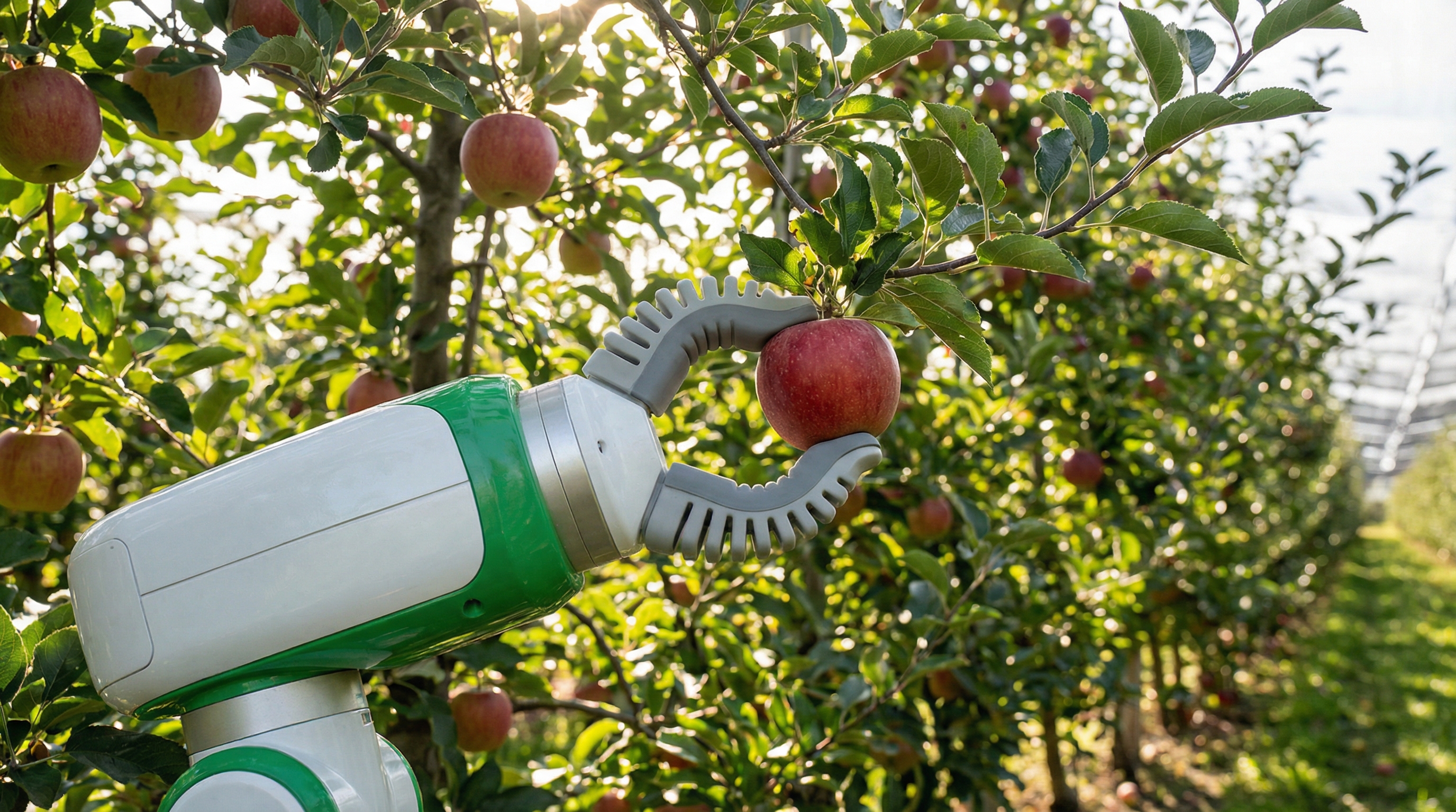 AI-guided robotic gripper selectively picking ripe apple