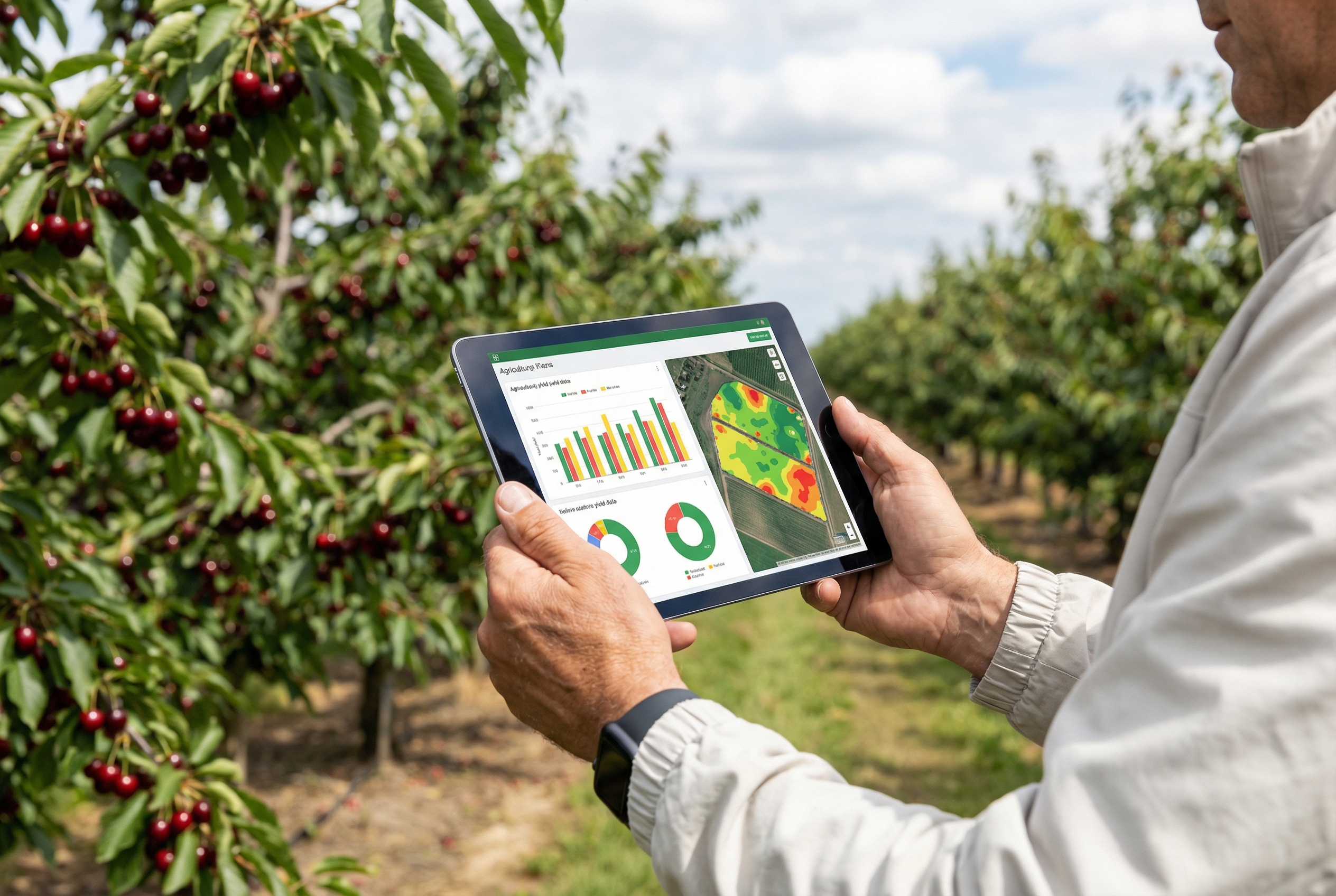 Grower reviewing AI analytics and profitability heatmap on tablet